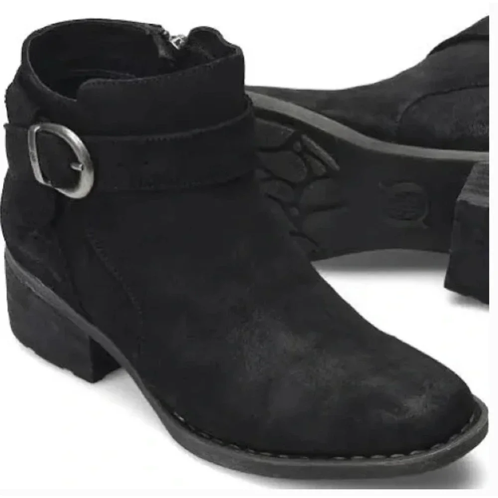 Born Morocco Ankle Booties 6.5 Black Suede NWOT Boots Buckle Western Comfort
